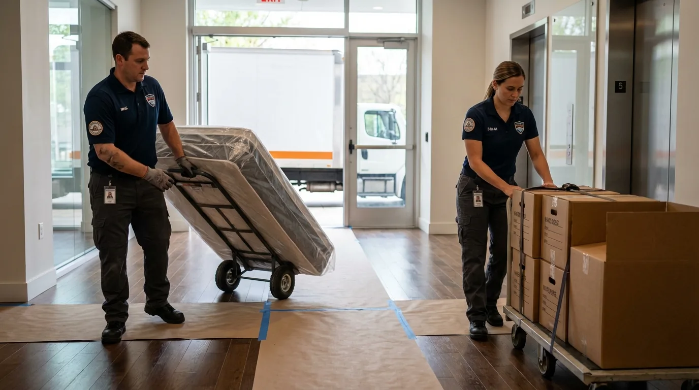 Professional apartment movers loading elevator in Taylor, MI